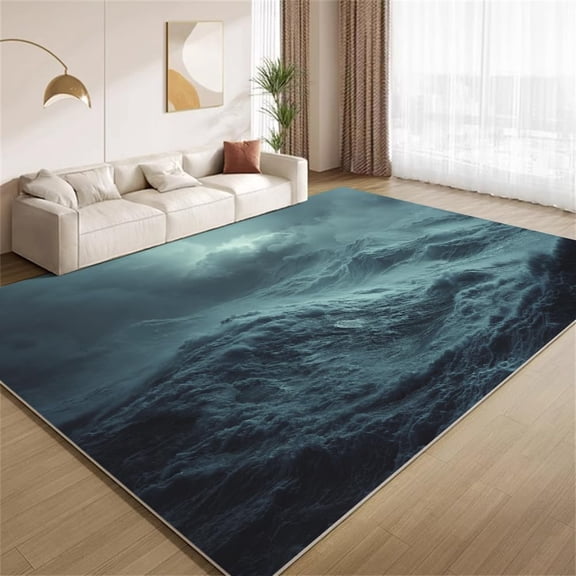 Ocean Wave 3D Area Rugs, Nautical Deep Sea Blue Pattern Carpet, Washable Non Slip Low Pile Soft Rug for Living Room Bedroom Decor Mat 5ftx8ft
