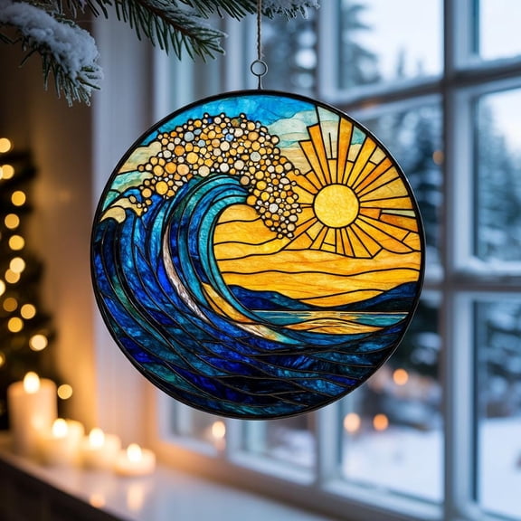 Ocean Wave Acrylic Suncatcher Stained-Glass-Style Beach Decor, Summer Coastal Window Hanging, Sun & Sea Ornament