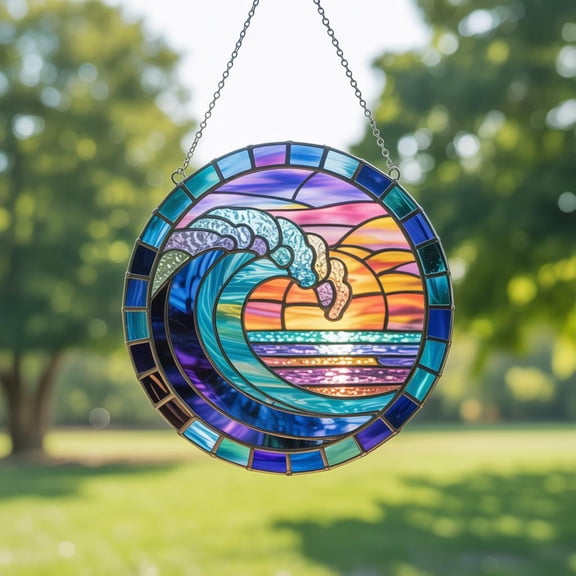 Ocean Wave Acrylic Suncatcher, Sunset Beach Window Hanging, Coastal Wave Window Decor, Nautical Ocean Art, Seaside Home Decor, Beach Lover