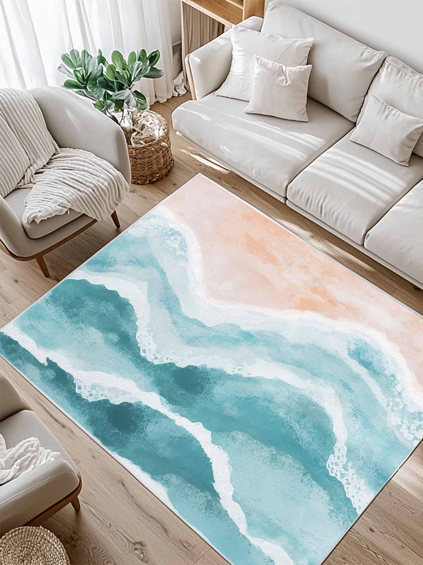 Ocean Wave Area Rug for Bedroom 5x7 Ft Teal Gradient Beach Boho