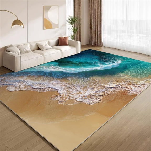 Ocean Wave Area Rugs, Blue Brown Beach Pattern Carpet, Washable Non Slip Low Pile Soft Rug for Living Room Bedroom Decor Mat 5ftx7ft