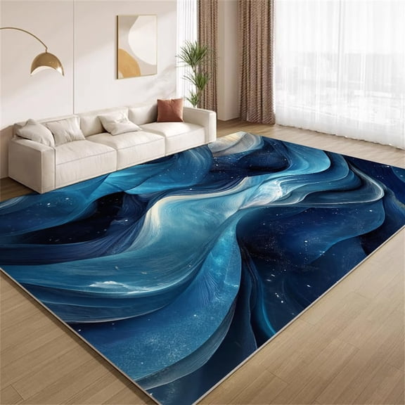Ocean Wave Area Rugs, Blue Texture Carpet, Washable Non Slip Low Pile Soft Rug for Living Room Bedroom Study Decor Mat 5ftx8ft