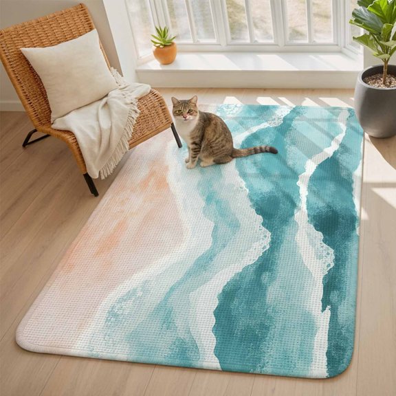 Ocean Wave Area Rugs for Living Room 5x6, Teal Gradient Beach Boho Washable Area Rug with Non Slip Backing, Stain Resist Linen Carpet for Bedroom, Dining Room, Entryway, Entrance