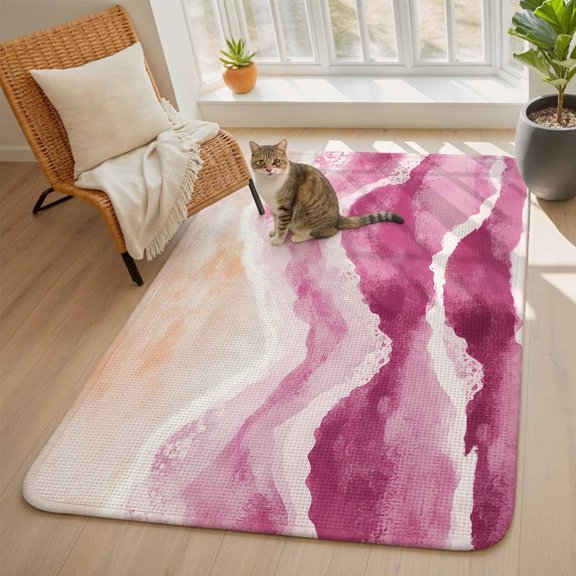Ocean Wave Area Rugs for Living Room 5x7, Pink Gradient Beach Boho Washable Area Rug with Non Slip Backing, Stain Resist Linen Carpet for Bedroom, Dining Room, Entryway, Entrance