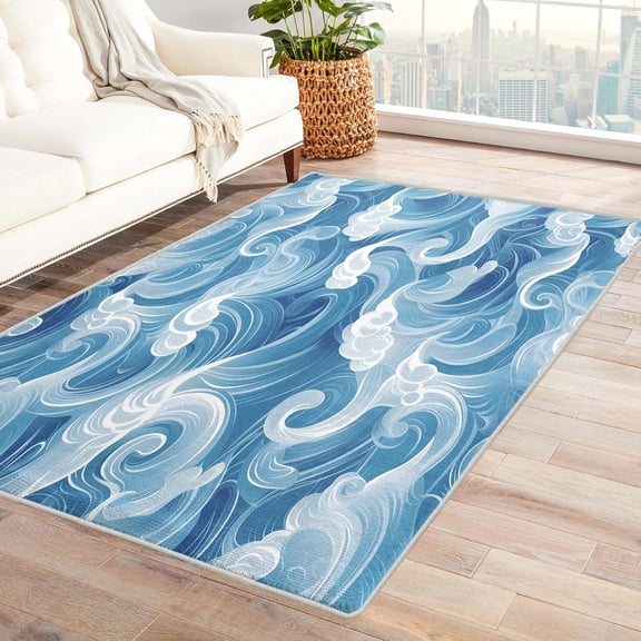 Ocean Wave Area Rugs, Nautical Sea Carpet, Washable Non Slip Low Pile Soft Rug for Bedroom Living Room Decor Mat 5x7ft