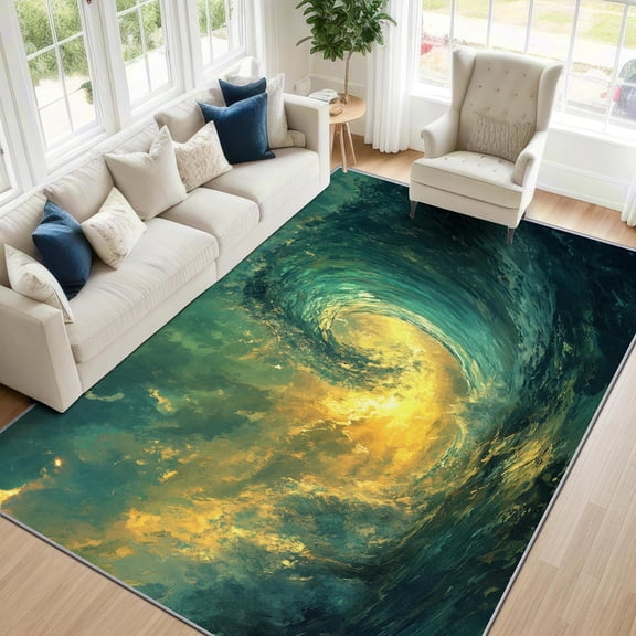 Ocean Wave Area Rugs, Teal Coastal Abstract Carpet, Washable Non Slip Low Pile Soft Rug for Living Room Bedroom Decor Mat 2x3ft