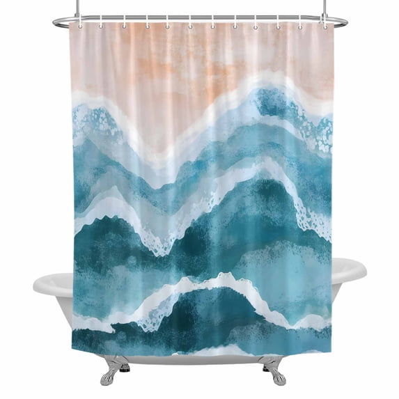 Ocean Wave Bathroom Shower Curtain, Blue Gradient Beach Boho Waterproof Washable Soft Bath Curtain for Bathtub Decor with 12 Hooks&Grommet, 72x72 Inch