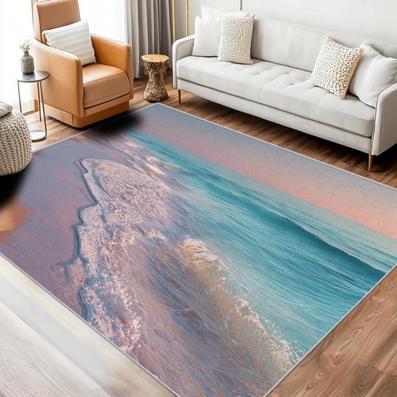 Ocean Wave Beach Area Rug, Coastal Design Carpet, Washable Non Slip Soft Low Pile, Living Room Bedroom Kitchen Office Mat 2x3ft