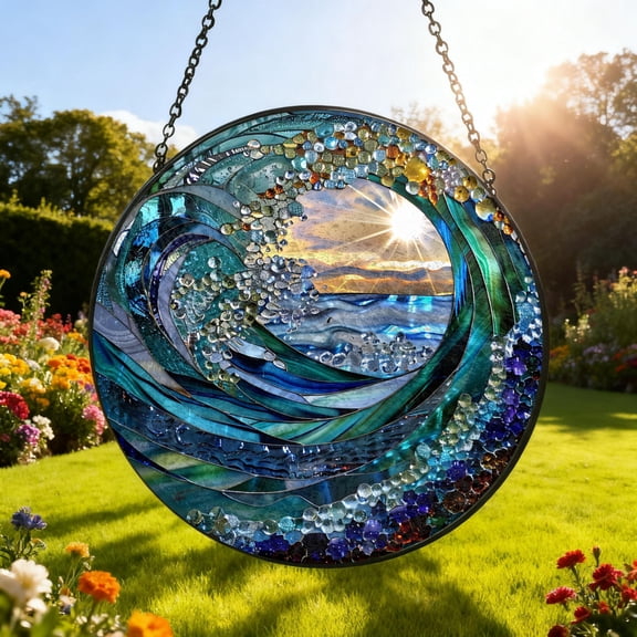 Ocean Wave Beach Coastal Stained Glass Suncatcher Window Hanging Decor Housewarming Gift