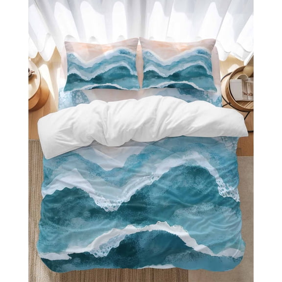Ocean Wave Bedding Duvet Cover Set Full Size 4 Pieces Blue Gradient Beach Boho Soft Twill Plush Quilt Cover, Include 1 Duvet Cover 1 Flat Sheet And 2 Pillow
