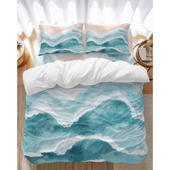 Ocean Wave Bedding Duvet Cover Set Queen Size 4 Pieces Teal Gradient Beach Boho Soft Twill Plush Quilt Cover, Include 1 Duvet Cover 1 Flat Sheet And 2 Pillow