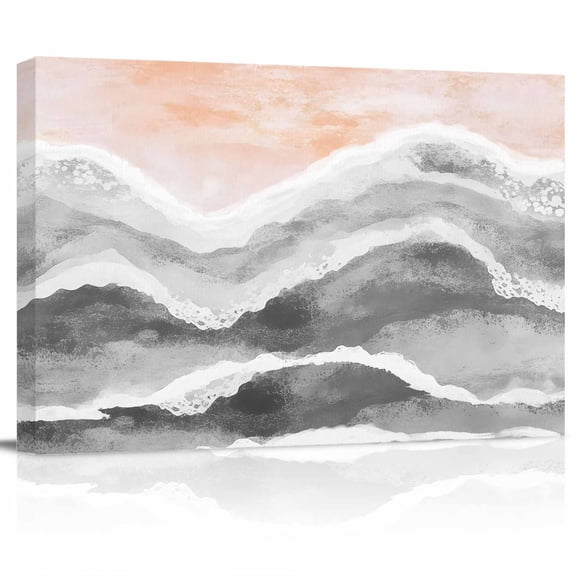 Ocean Wave Canvas Print Wall Art Gray Gradient Beach Boho Pictures Painting Morden Artwork for Living Room Bedroom, Ready to Hang - 12"x16"
