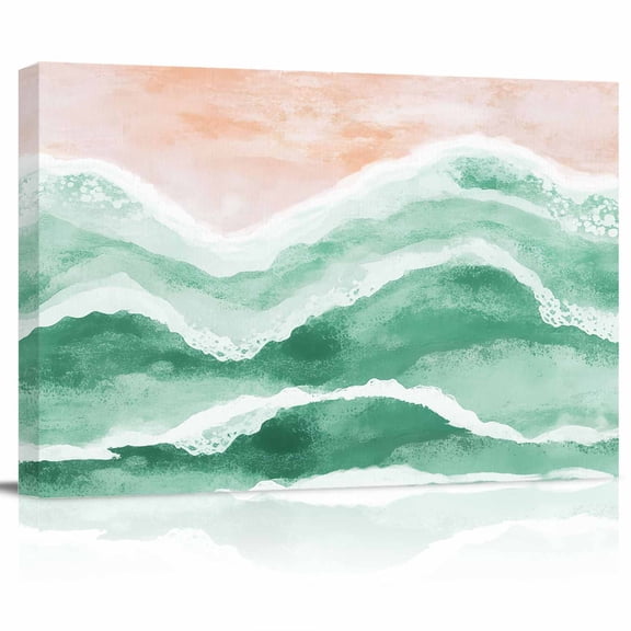 Ocean Wave Canvas Print Wall Art Sage Green Gradient Beach Boho Pictures Painting Morden Artwork for Living Room Bedroom, Ready to Hang - 12"x16"