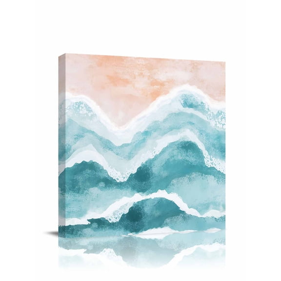 Ocean Wave Canvas Wall Art, Teal Gradient Beach Boho Framed Wall Decor Modern Artwork Prints Painting for Living Room, Bedroom, Kitchen & Cafe Decor 8x8 Inch