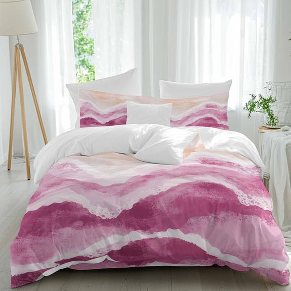 Ocean Wave Comforter Set Twin Size, Pink Gradient Beach Boho Soft Bedding Set for Man Woman, 4 Pieces Duvet Cover Set with Fitted Sheet, 2 Pillowcases