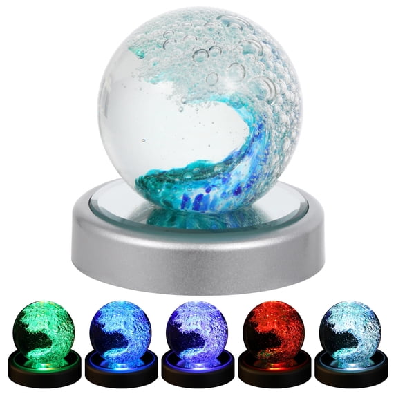 Ocean Wave Crystal Ball, Hand Blown Glass Sphere with Colorful LED Base, Decorative Orb Featuring Sea Wave and Bubble Accents