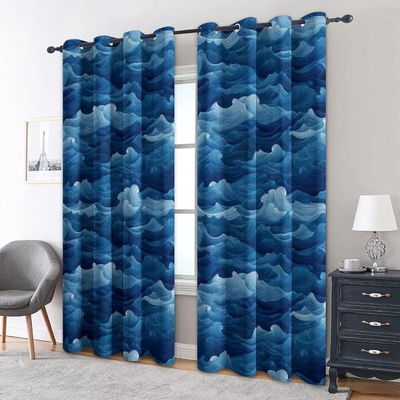 Ocean Wave Curtains for Living Room, Nautical Coastal Blackout Curtains, Ocean Wave Room Decor, Thermal Darkening Bedroom Window Drapes, Grommets 53"W x 63"L (Pack of 2)