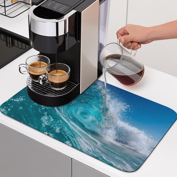 Ocean Wave Dish Drying Mats for Kitchen Counter, Coastal Teal Sea Foam Beach Surfing Absorbent Coffee Bar Mat with Non-slip Rubber Backed Quick Drying Dish Rack Pad 12"x16"