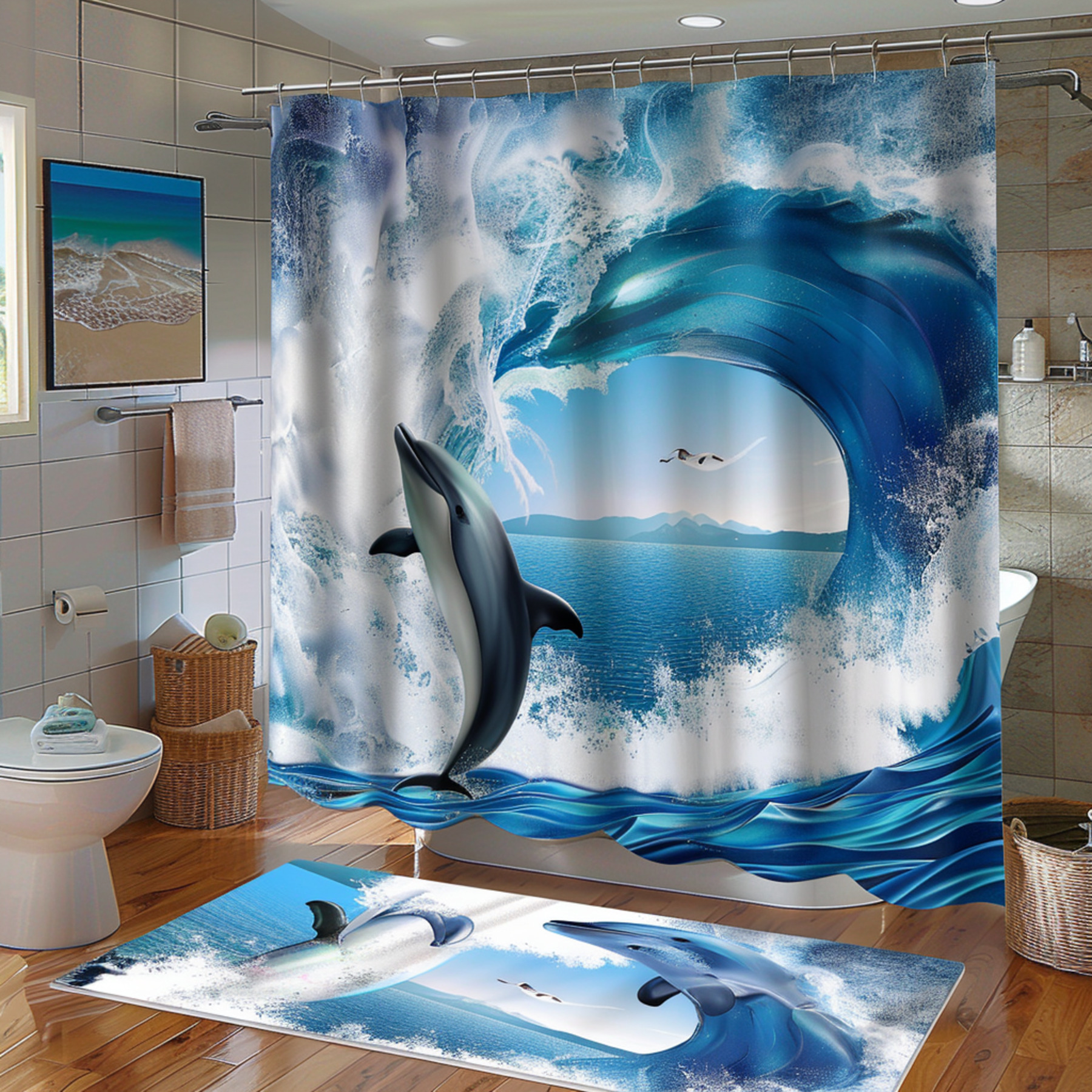 Ocean Wave Dolphin Bathroom Set and Curtain Coastal Theme Shower Decor