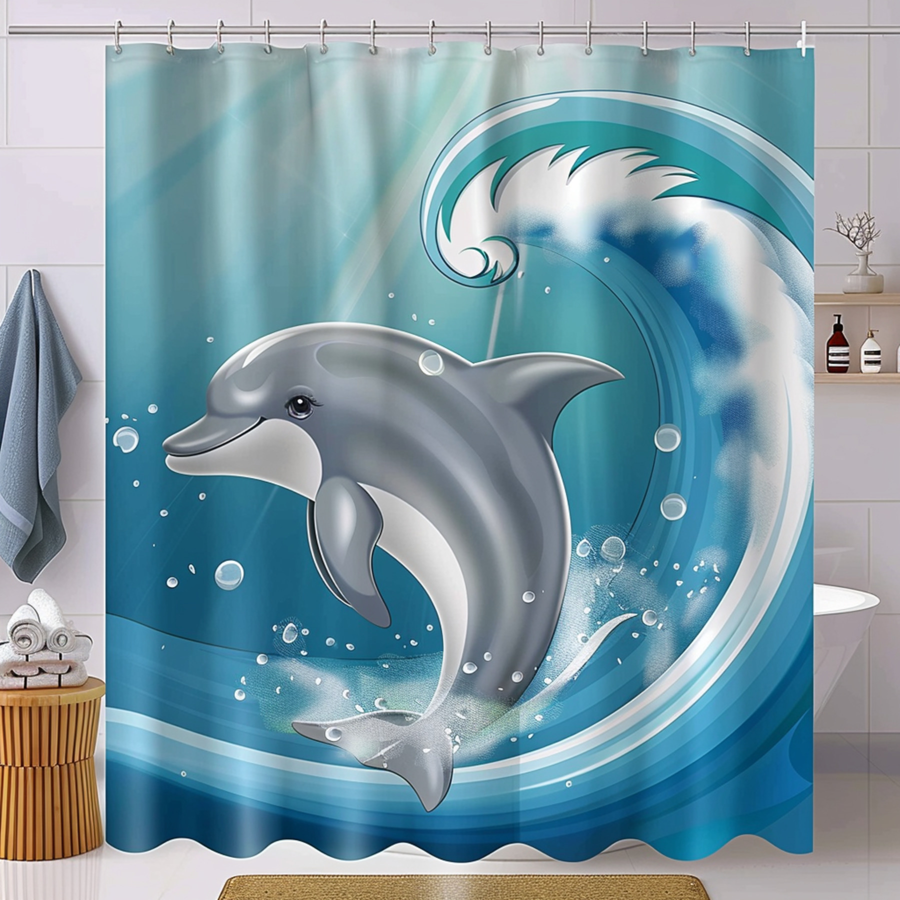 Ocean Wave Dolphin Shower Curtain Cute Baby Dolphin Design HighDefinition Bathroom Decor with