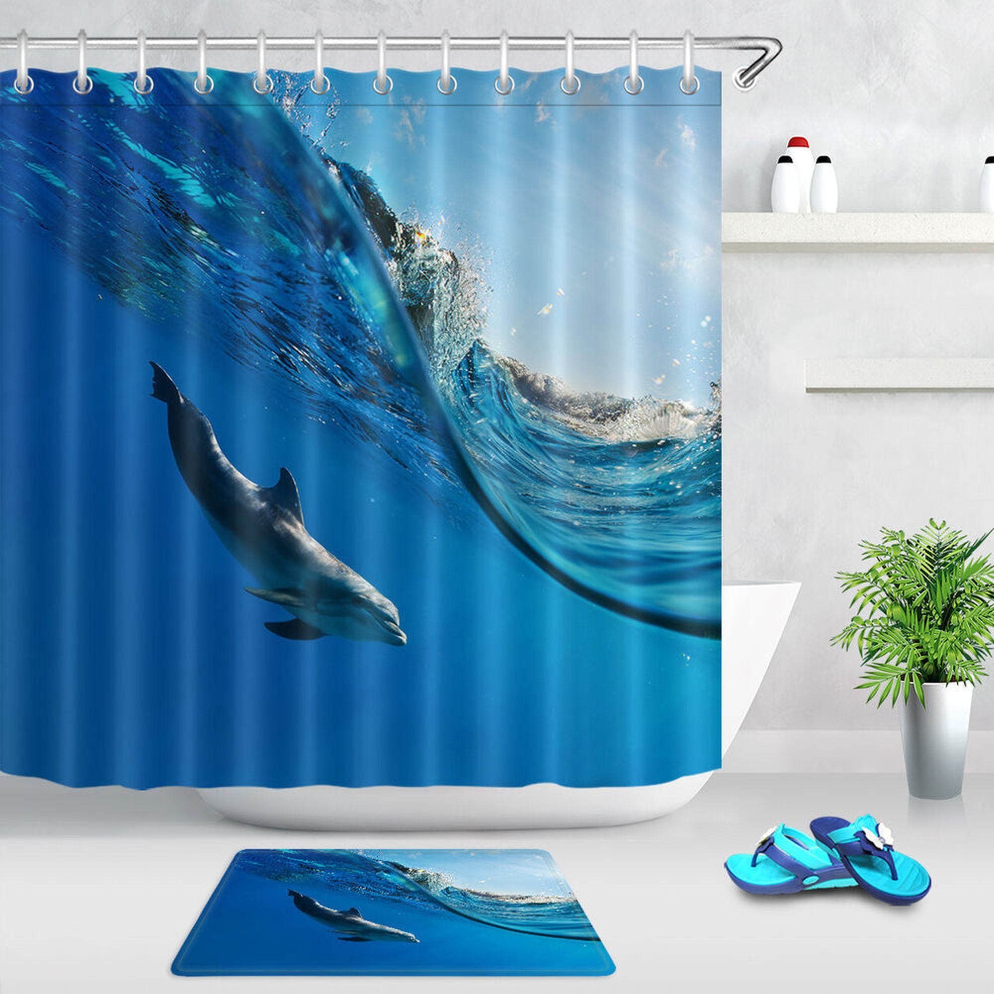 Ocean Wave Dolphin Shower Curtain Set Transform Your Bathroom into a Refreshing Summer Paradise