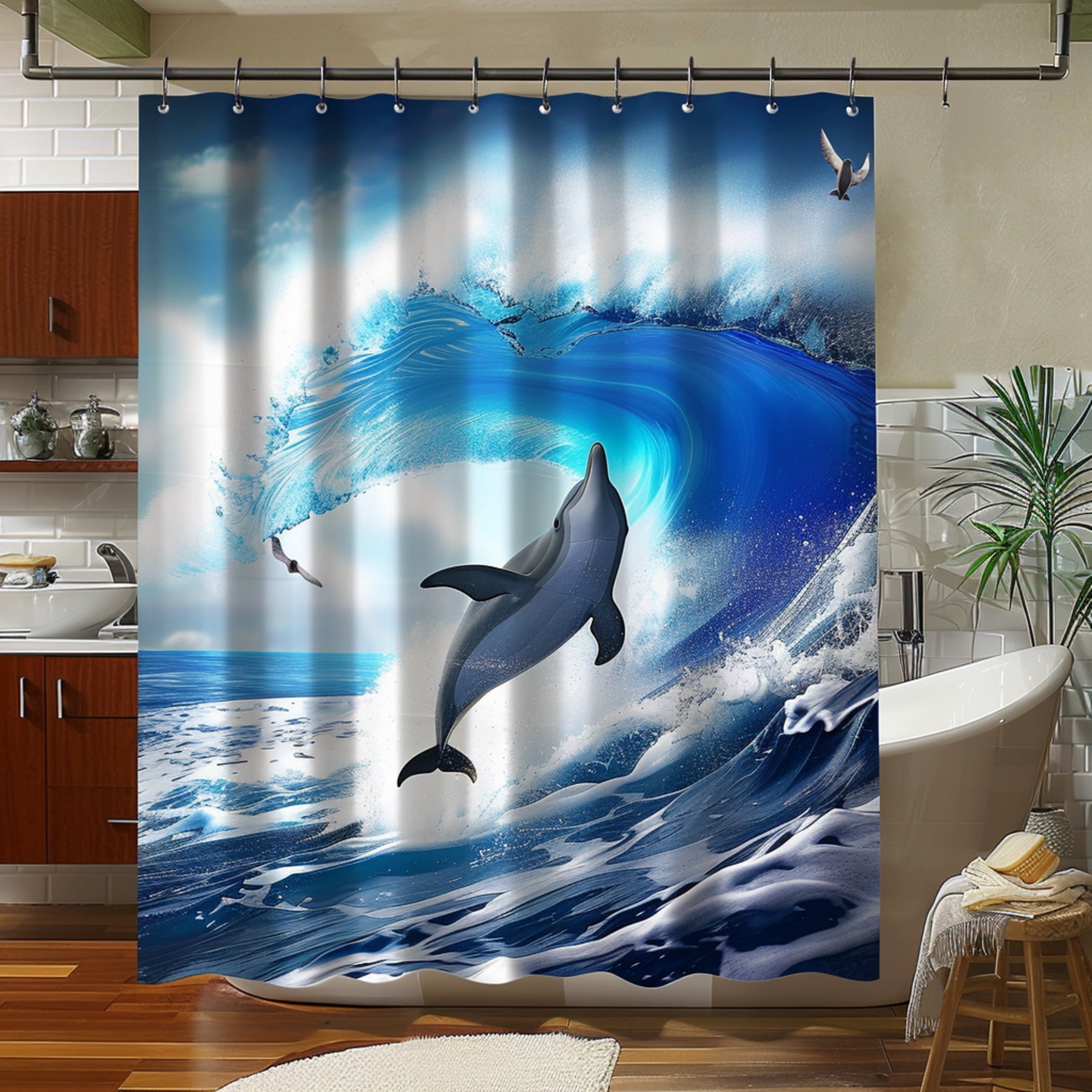 Ocean Wave Dolphins Shower Curtain Ultra Realistic Bathroom Decor