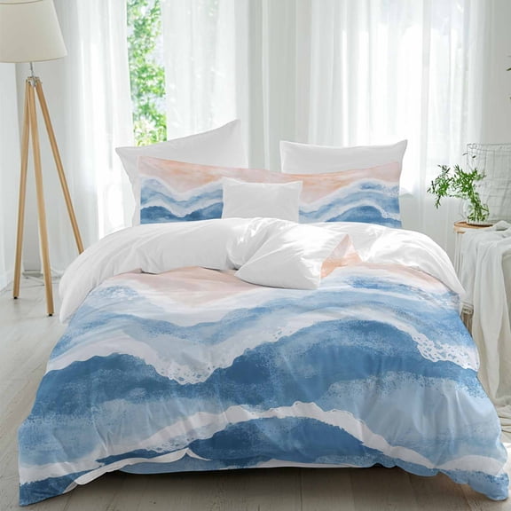 Ocean Wave Duvet Cover Set Twin Size Lake Blue Gradient Beach Boho Soft Lightweight Comforter Covers 4 Piece Bedding Set with 1 Duvet Cover 1 Bed Sheet & 2 Pillow Shams