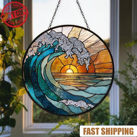Ocean Wave Faux Stained Glass Acrylic Suncatcher, Window Hanging Decor, Beach House Gift