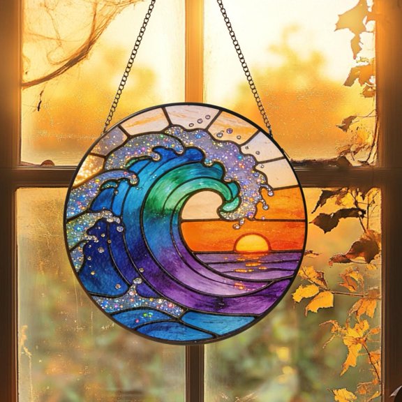 Ocean Wave Faux Stained Glass Acrylic Suncatcher, Window Hanging Decor, Beach House Gift