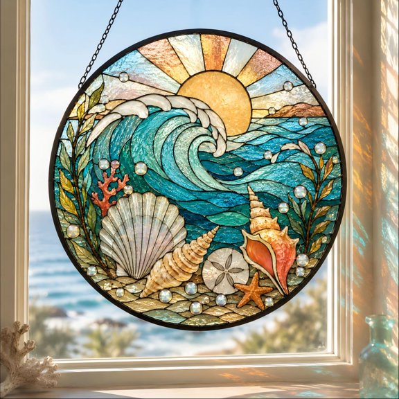 Ocean Wave Faux Stained Glass Acrylic Suncatcher, Window Hanging Decor, Beach House Gift