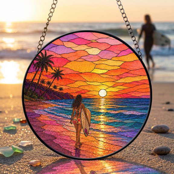 Ocean Wave Faux Stained Glass Acrylic Suncatcher, Window Hanging Decor, Beach House Gift