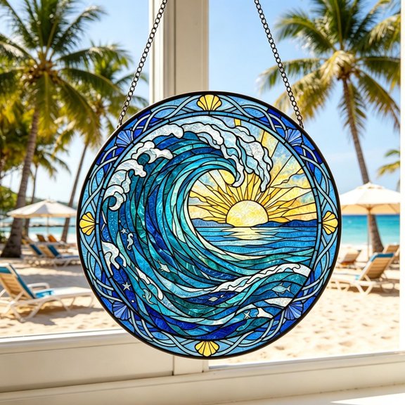 Ocean Wave Faux Stained Glass Acrylic Suncatcher, Window Hanging Decor, Beach House Gift