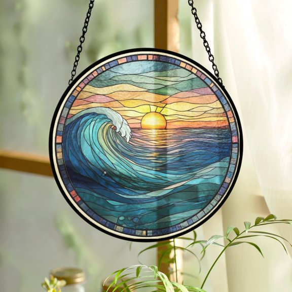 Ocean Wave Faux Stained Glass Acrylic Suncatcher, Window Hanging Decor, Beach House Gift