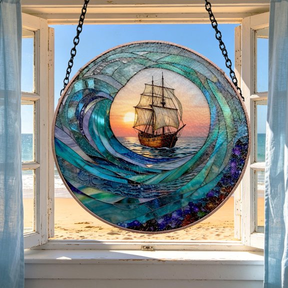 Ocean Wave Faux Stained Glass Acrylic Suncatcher, Window Hanging Decor, Beach House Gift
