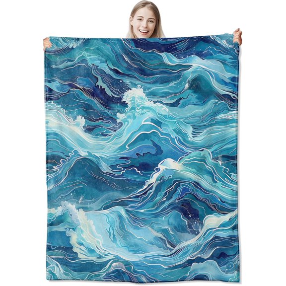 Ocean Wave Flannel Throw Blanket 60x50 Inch, Blue Sea with Watercolor Blankets Soft Cozy Flannel Throws for Beach Lover Bed Sofa Dorm Living Room Coastal Nautical Home Decor Gifts