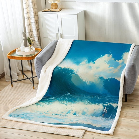 Ocean Wave Fleece Throw Blanket for Bed Sofa Couch Summer Sea Beach Sherpa Blanket Hawaiian Tropical Printed Plush Blanket Microfiber Wave Surfing Fuzzy Blanket Blue 40"x50"