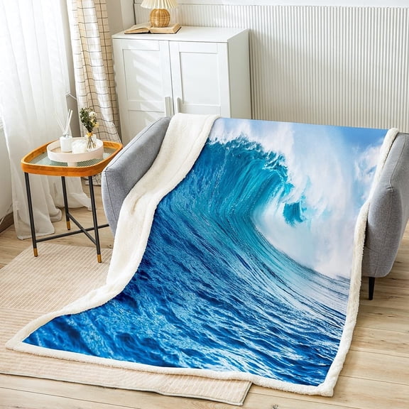 Ocean Wave Fleece Throw Blanket for Bed Sofa Couch Summer Sea Beach Sherpa Blanket Hawaiian Tropical Printed Plush Blanket Microfiber Wave Surfing Fuzzy Blanket Blue 40"x50"