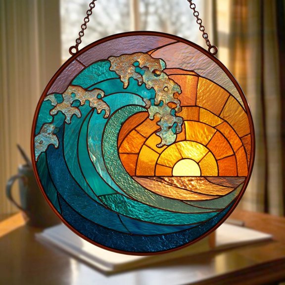 Ocean Wave Glass Suncatcher, Beach Coastal Window Hanging, Handmade Ocean Decor, Beach House, 6.3 in