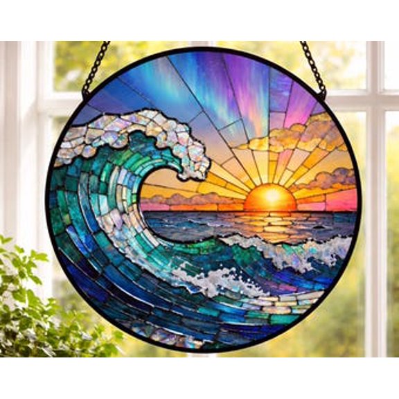 Ocean Wave Glass Suncatcher: Coastal Window Hanging, 3.5 in