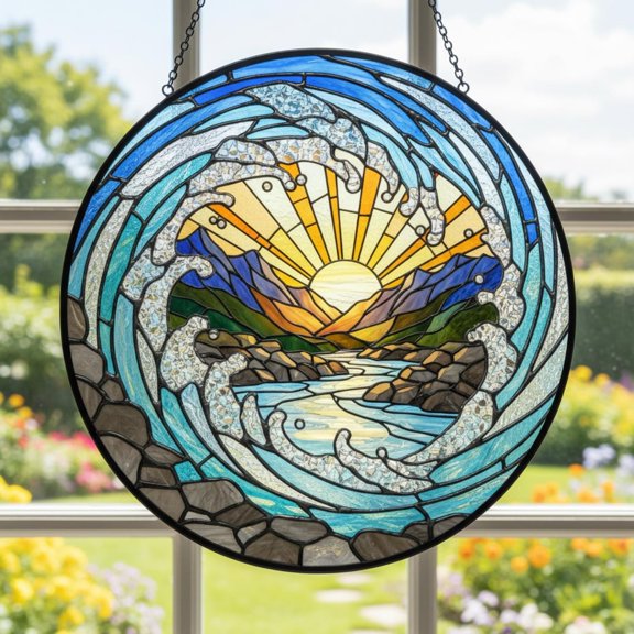 Ocean Wave Glass Suncatcher, Mountain Sunrise River Landscape, Nature Scenery Window Decor, for Dad Grandpa, 3.5 in