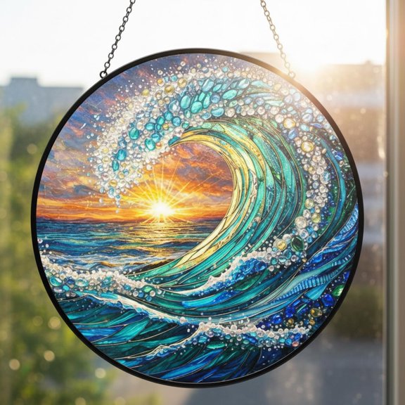Ocean Wave Glass Suncatcher, Sunset Sea Scenery Window Hanging, Beach House Decor, for Mom, Grandma, 3.5 in