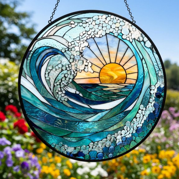 Ocean Wave Glass Suncatcher, Sunset Sea View Window Hanging, Coastal Home Decor, 7.9 in