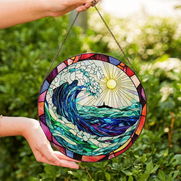 Ocean Wave Glass Suncatcher v16, Coastal Beach Window Art, Nautical Home Decor, 6.3 in