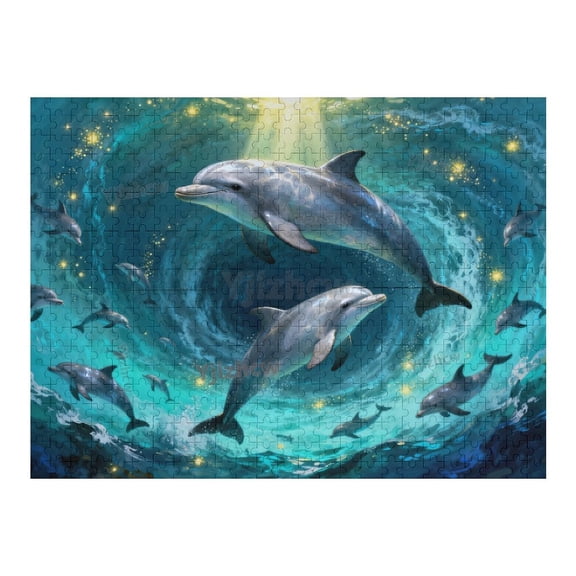Ocean Wave with Glowing Light and Dolphin Group Wooden Puzzle 500 Pieces for Adults, Relaxing Indoor Brain Teaser, Premium Wooden Jigsaw, Tabletop Hobby, Home Decor Entertainment