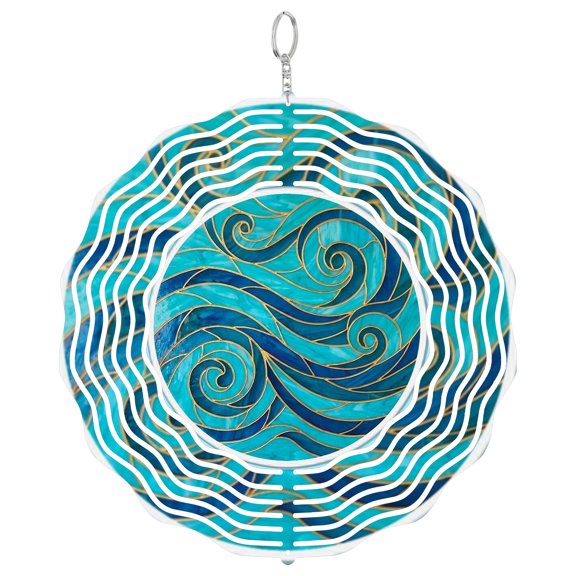 Ocean Wave Gold Accents 3D Wind Spinner Stainless Steel Kinetic Art Coastal Nautical Decor Father's Day Gift 10 Inch
