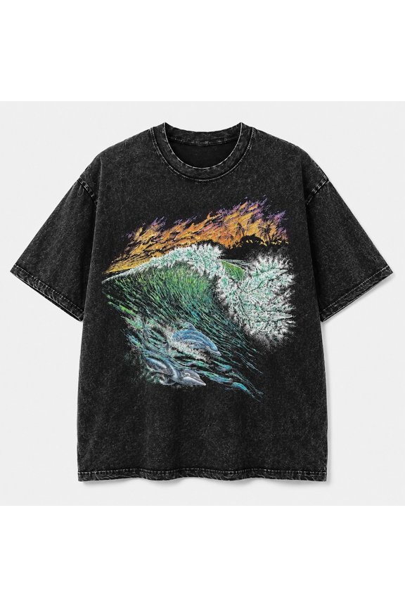 Ocean Wave Graphic Mineral Washed T-Shirt, Unisex Classic Fit Cotton Tee