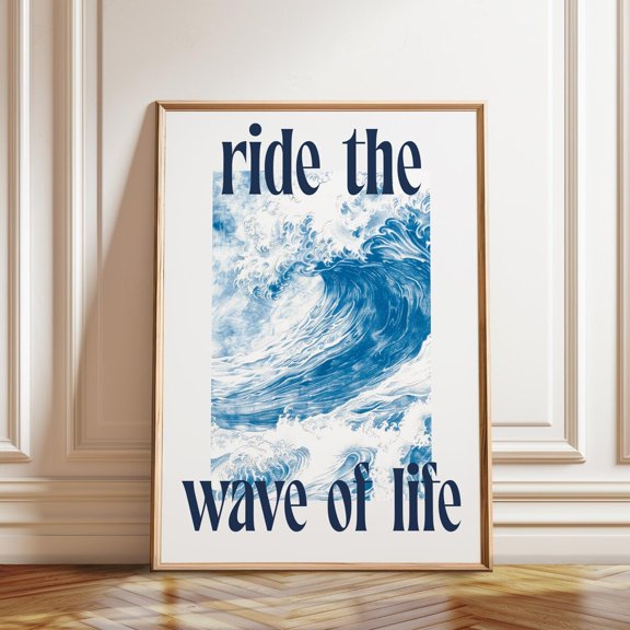 Ocean Wave Indigo Hokusai Style Surf Nature Artwork, Stretched Canvas 16x20in