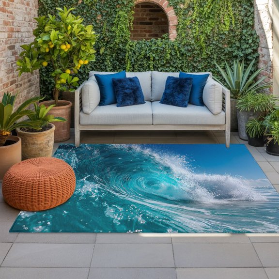 Ocean Wave Indoor Outdoor Rugs 3x5 Ft, Coastal Teal Sea Foam Beach Surfing Outdoor Patio Rugs Mat Washable Outside Area Rugs Carpet for Porch Deck RV Camping Pool Balcony Backyard