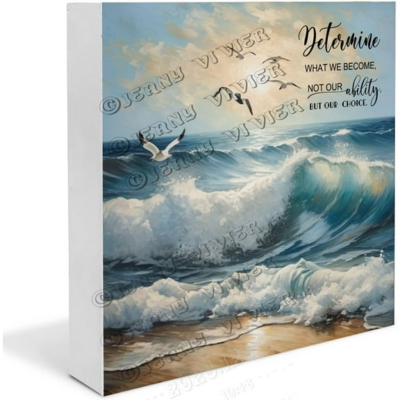 Ocean Wave Inspirational Quote Wooden Box Sign Beach Gifts Funny Summer Desk Accessories Boho Desk Decor Table Centerpieces for Party Wood Block Signs Housewarming Gifts 5x5 In
