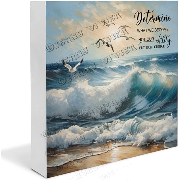 Ocean Wave Inspirational Quote Wooden Box Sign Beach Gifts Funny Summer Desk Accessories Boho Desk Decor Table Centerpieces for Party Wood Block Signs Housewarming Gifts 7x7 In